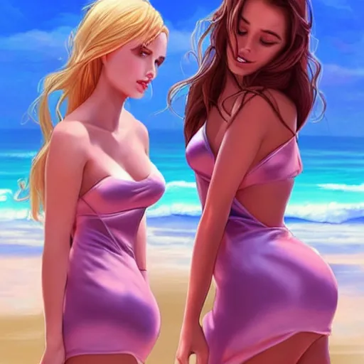 Prompt: two beautiful princesses in skintight satin minidresses on the beach drawn by artgerm and charlie bowater