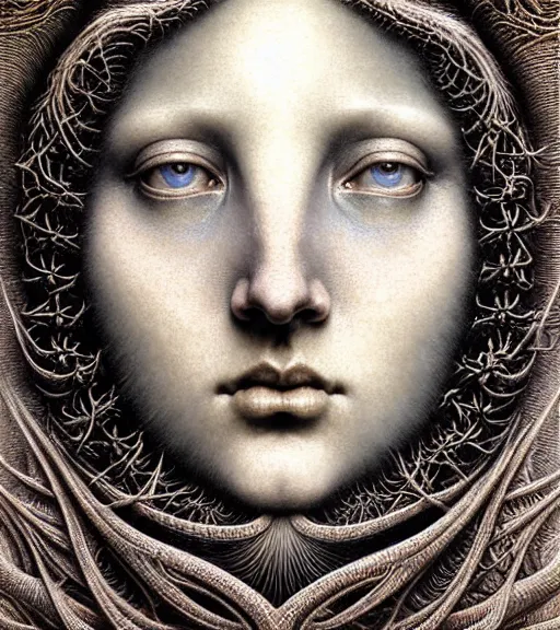 Image similar to detailed realistic beautiful glowing goddess face portrait by jean delville, gustave dore, iris van herpen and marco mazzoni, art forms of nature by ernst haeckel, art nouveau, symbolist, visionary, gothic, neo - gothic, pre - raphaelite, fractal lace, intricate alien botanicals, biodiversity, surreality, hyperdetailed ultrasharp octane render