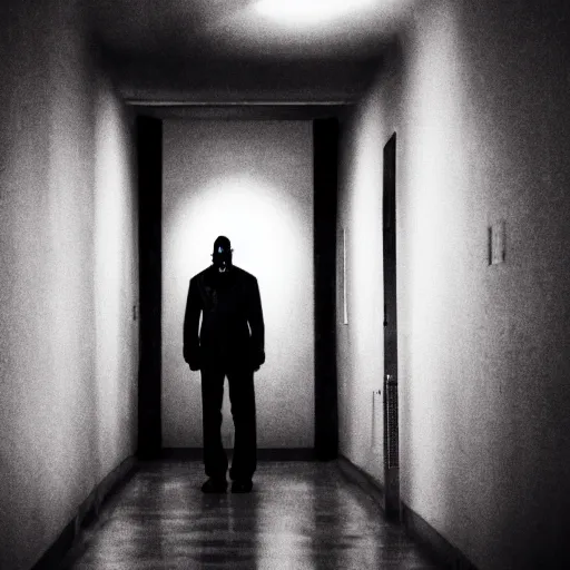 Image similar to A monster is standing in a dimly lit hallway, terrifying visuals, horror elements, dark ambiance.