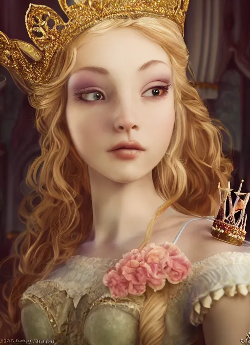 Prompt: closeup face profile portrait of a fairytale princess wearing a crown eating cakes in the castle, bikini, depth of field, zeiss lens, detailed, symmetrical, centered, fashion photoshoot, by nicoletta ceccoli, mark ryden, lostfish, breathtaking, 8 k resolution, extremely detailed, beautiful, establishing shot, artistic, hyperrealistic, octane render