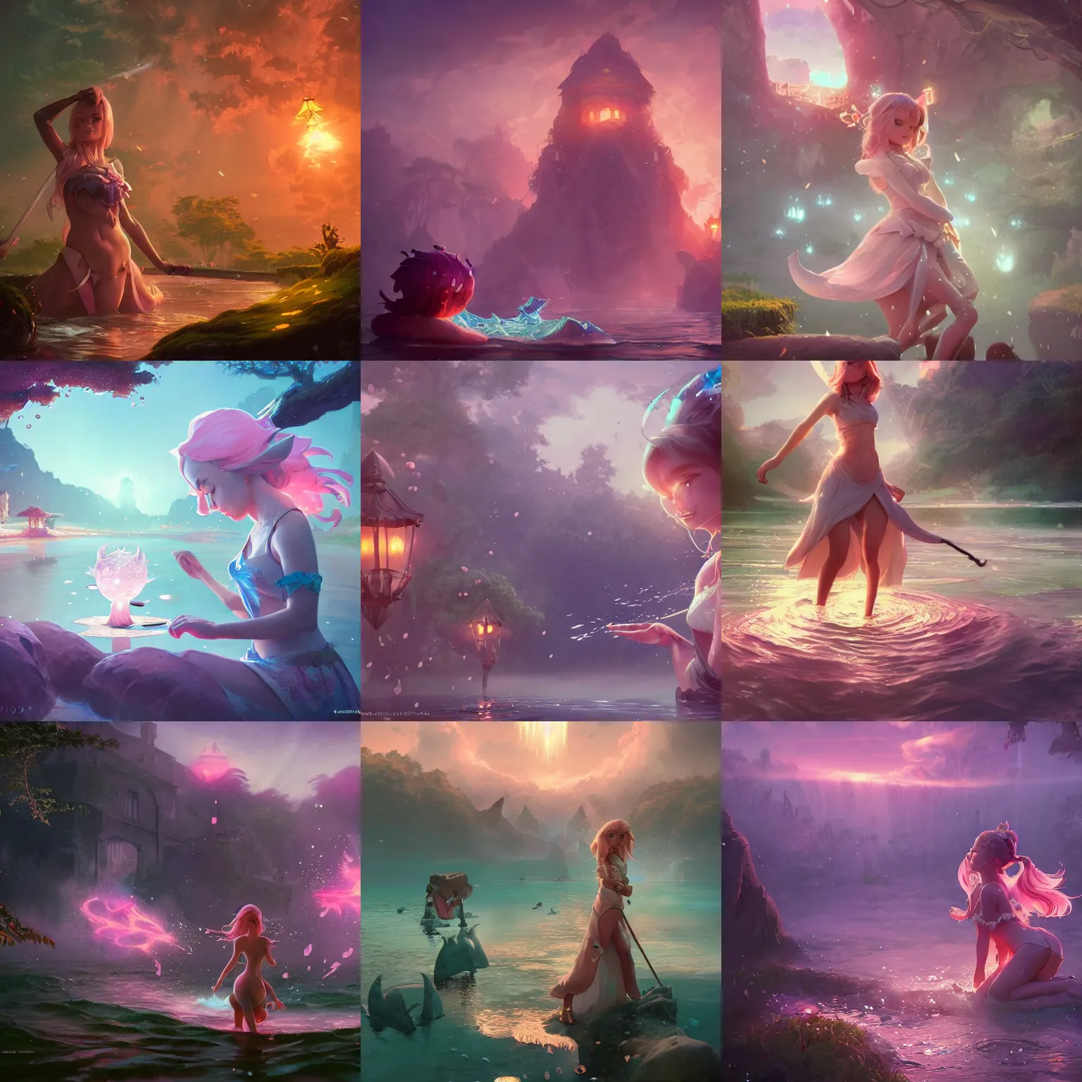 Prompt: fantasy axie - style cards with water spells, at gentle dawn pink light, rossdraws, artgerm, norman rockwell, emiliano ponzi, epic composition, hd, octane, unreal engine, volumetric lighting, light rays, masterpiece, award - winning
