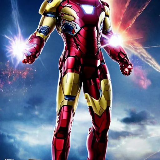 Image similar to promotional image of Chris pratt as Iron Man in Iron Man（2008）, he wears Iron Man armor without his face, movie still frame, promotional image, imax 70 mm footage