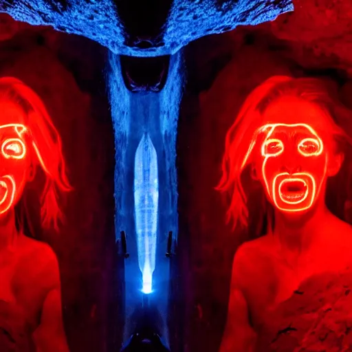 Image similar to style of Charlie Bowman, The interior of an cave lit in red, symmetrical detailed woman Stella Maeve who is screaming scared face, symmetrical eyes symmetrical face, blue neon light coming from the back of the cavern, mysterious atmosphere