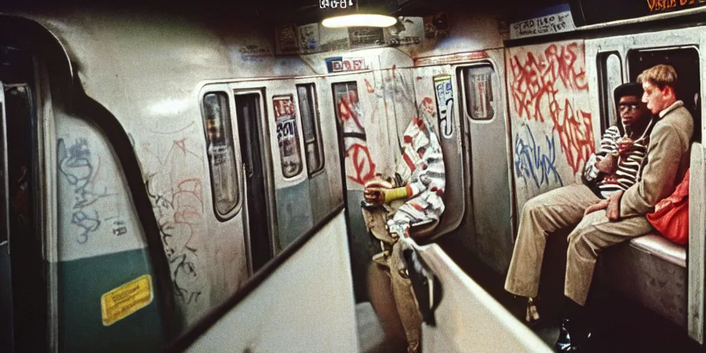 Image similar to new york subway cabin 1 9 8 0 s inside all in graffiti, 1 9 8 0 s policeman with the k - 9 dog, coloured film photography, christopher morris photography, bruce davidson photography