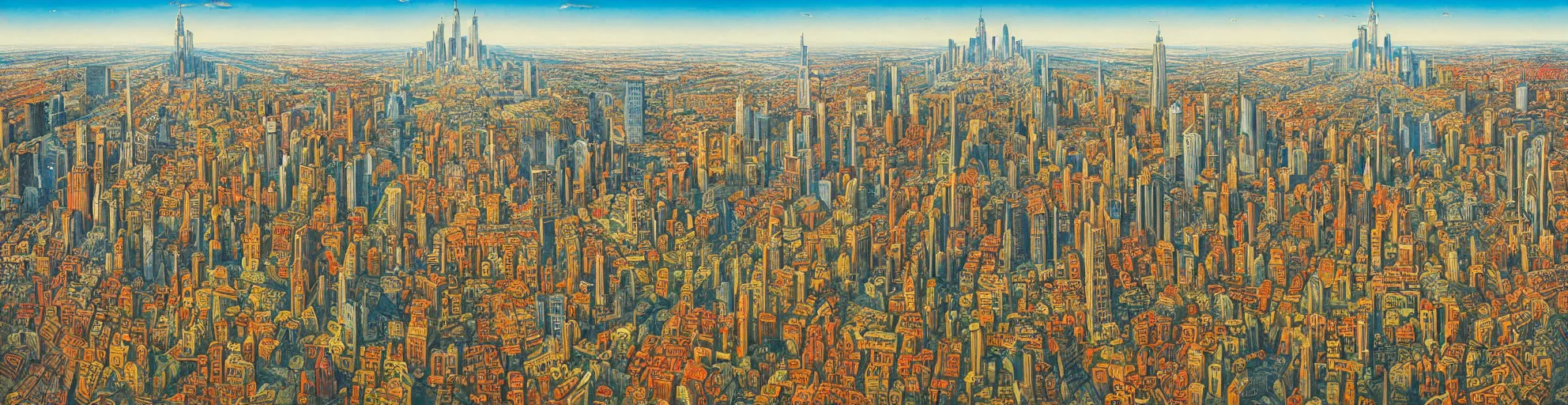 Prompt: a Jacek yerka painting of Manhattan with the tower of babel reaching to the sky, aerial view