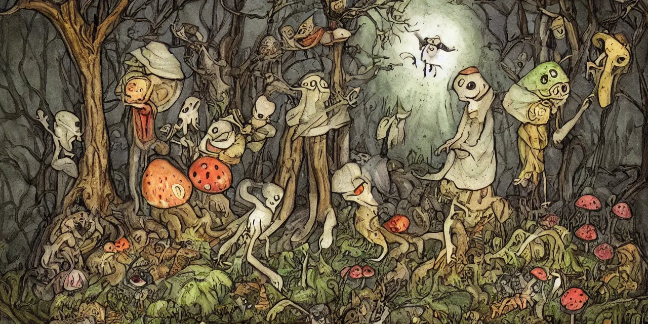 Image similar to medieval folktale ghosts and spiders fairies and toadstools, surreal sparse spooky fun delightful