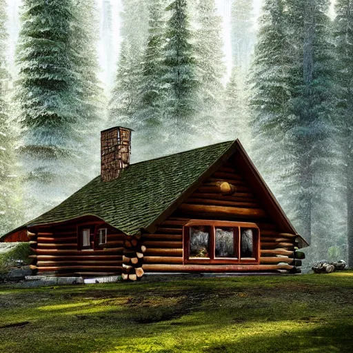 Image similar to log cabin in the woods, diffused lighting, highly detailed cinematic, epic composition, highly detailed, atmospheric, wide angle, artstation trending, warm green colors