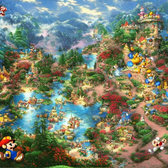 Prompt: mario world, thomas kinkade