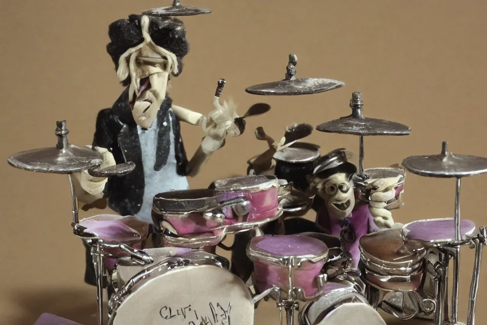 Image similar to a claymation film still of a curly long hair drummer playing the drum set. claymation by bruce bickford