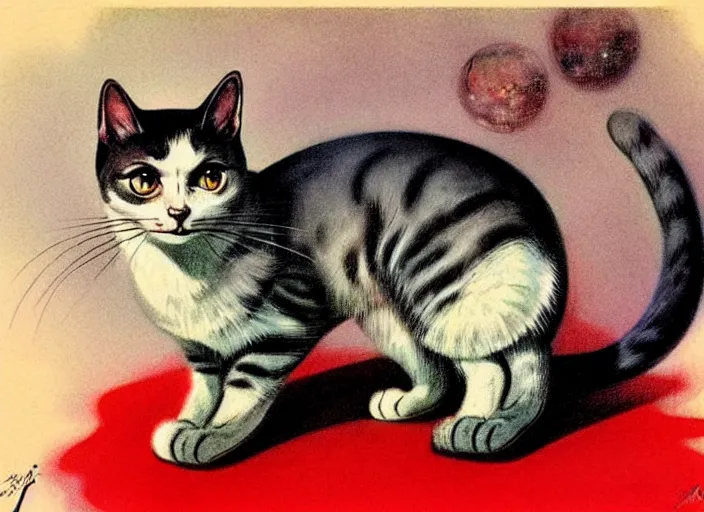 Prompt: 1 9 5 0 s retro - future cat android, forrest in background, muted colors, by jean baptiste monge, chrome red