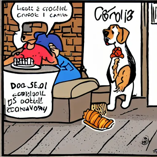 Image similar to dog eating croissants in paris cartoon