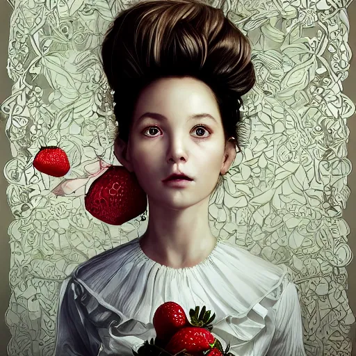 Image similar to the portrait of an absurdly beautiful, graceful, elegant, sophisticated, fashionable little girl made of strawberries and white petals looking down, an ultrafine hyperdetailed illustration by kim jung gi, irakli nadar, intricate linework, bright colors, octopath traveler, final fantasy, unreal engine 5 highly rendered, global illumination, radiant light, detailed and intricate environment