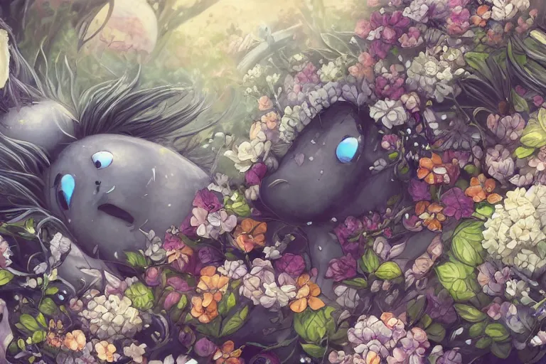 Image similar to dynamic composition, motion, ultra - detailed, incredibly detailed, a lot of details, amazing fine details and brush strokes, colorful and grayish palette, smooth, hd semirealistic anime cg concept art digital painting, watercolor oil painting of sea of flowers, no face, in style of cytus and deemo, blue flame, relaxing, calm and mysterious vibes