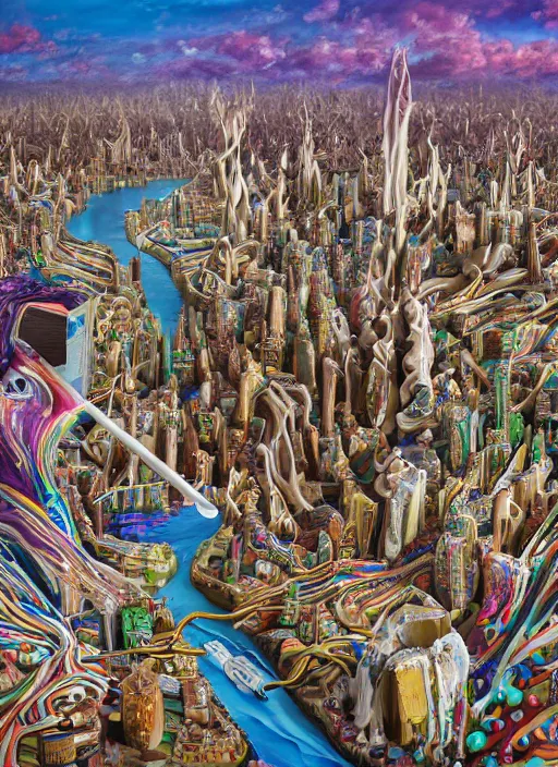 Prompt: an extremely high quality hd surrealism painting of a 3d perspective neon complimentary-colors cartoon surrealism melting jello chocolate candy lollipop snickers bar icecream cake muffin jaffa marshmallow nougat waffle candy gummy jelly decadent maple syrupy, drizzled chocolate saucy, smothered in melted chocolate, covered in sprinkles, highly detailed, stroopwaffel zaha hadid biological anatomical city by a much more skilled version of kandinskypicasso and salvia dali the fourth, salvador dali's much much much much more talented painter cousin, 8k, ultra realistic, very realistic, gloopy, blobs,