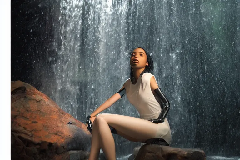 Image similar to beautiful woman robot sitting under a waterfall from, from 20XX, bathed in the glow of a crt television, tv screens in background, low-light photograph, in style of Tyler Mitchell