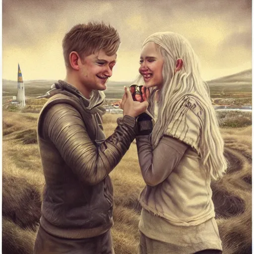 Image similar to a highly detailed portrait of a young couple from the side, holding a tin can, renote icelandic village, summer, blonde hair, muted colors, joy, by tom bagshaw, trending on artstation,