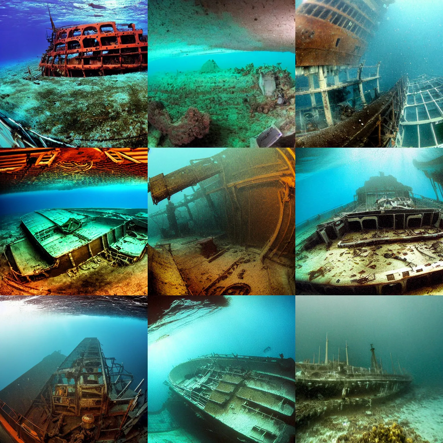 Prompt: underwater photograph of a shipwreck of a huge cruise ship