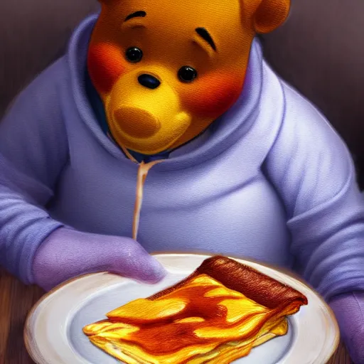 Prompt: president winnie the pooh eating lasagne, award winning photography, extremely detailed, artstation, 8 k, sensual lighting, incredible art, wlop, artgerm