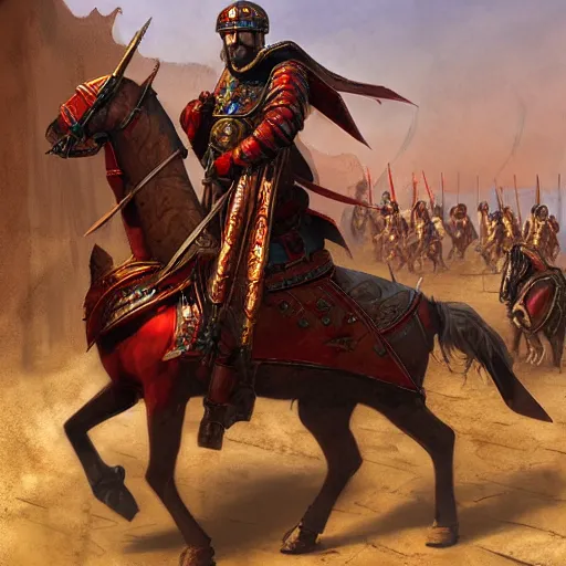 Image similar to byzantine cataphract mounted on horseback, by marc simonetti