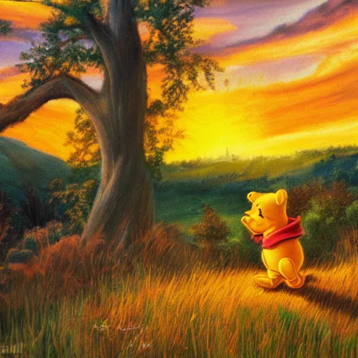 Image similar to winnie the pooh standing on a hill with sunset in background, oil painting, highly detailed