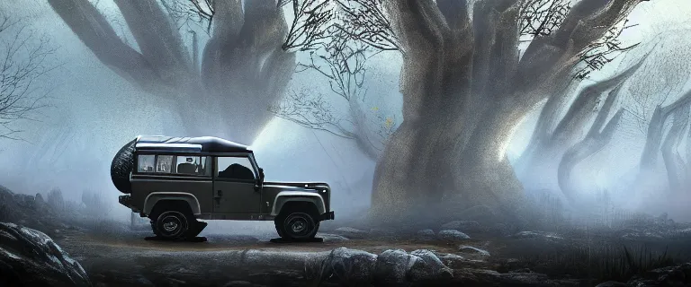 Image similar to Land Rover Defender 110 (1985), The Elder Scrolls III: Morrowind, an epic fantasy, dramatic lighting, cinematic, establishing shot, extremely high detail, photorealistic, cinematic lighting, artstation, by simon stalenhag, the Nerevarine drives across Morrowind, strange flora, strange fauna, Bull Netch floating around, Morrowind fauna prominent across the landscape