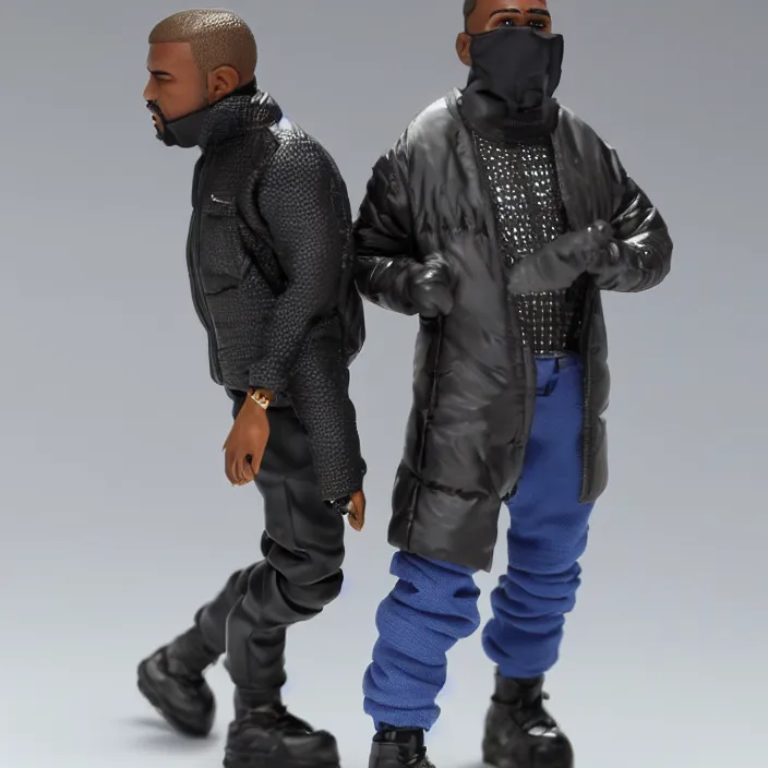 Prompt: a action figure of kanye west using full face - covering mask with small holes. a small, tight, undersized reflective bright blue round puffer jacket made of nylon. a shirt underneath. black jeans pants made of nylon. a pair of big rubber boots, figurine, detailed product photo, 4 k, realistic, acton figure, studio lighting, professional photo