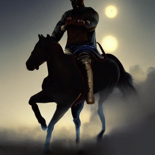 Image similar to a wideshot of a masked kanye west riding a horse into the night as riots go on in the background, dark, blue hour, cinematic lighting, by alan lee, intricate, grim, digital art, trending on artstation