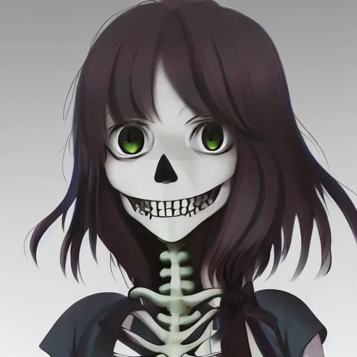 Image similar to manga fine details portrait of joyful skull girl skeleton, bokeh. anime masterpiece by studio ghibli. 8 k render, sharp high quality anime illustration in style of ghibli, artstation