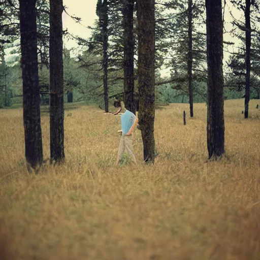 Image similar to kodak portra 4 0 0 photograph of a skinny guy standing in field of dead trees, flower crown, back view, moody lighting, moody vibe, telephoto, 9 0 s vibe, blurry background, vaporwave colors, faded!,