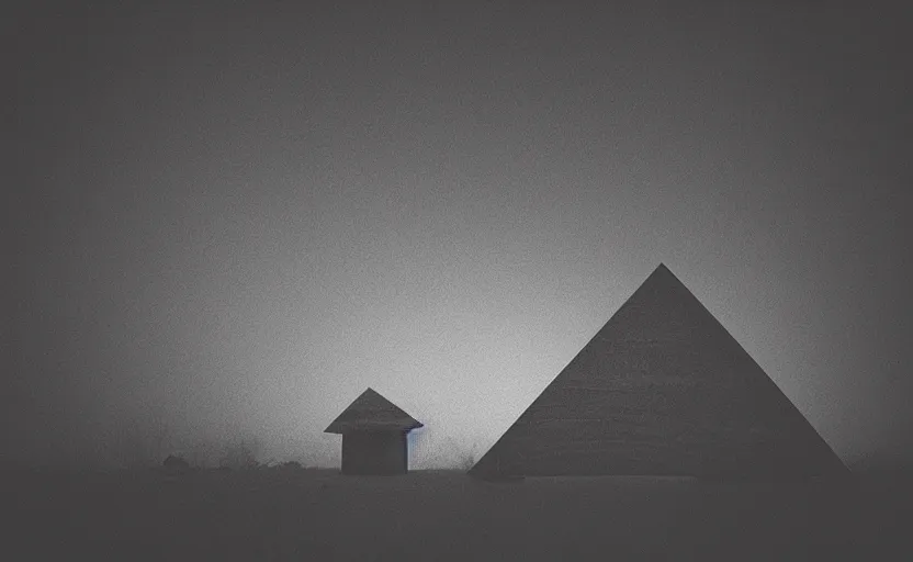 Prompt: black pyramid, wood, sunrise, lomography effect, scrathes, 60s photo, unfocus, monochrome, noise effects filter