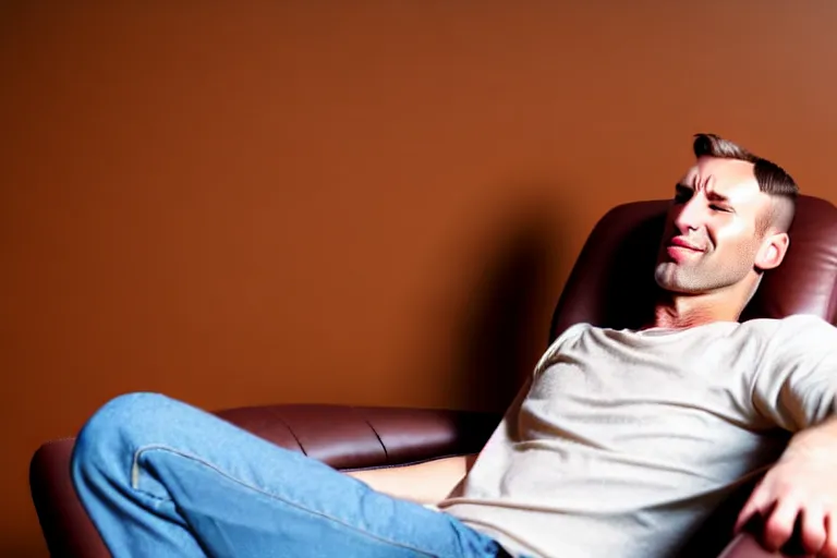 Image similar to an animated caucasian man relaxing on a brown reclined leather chair