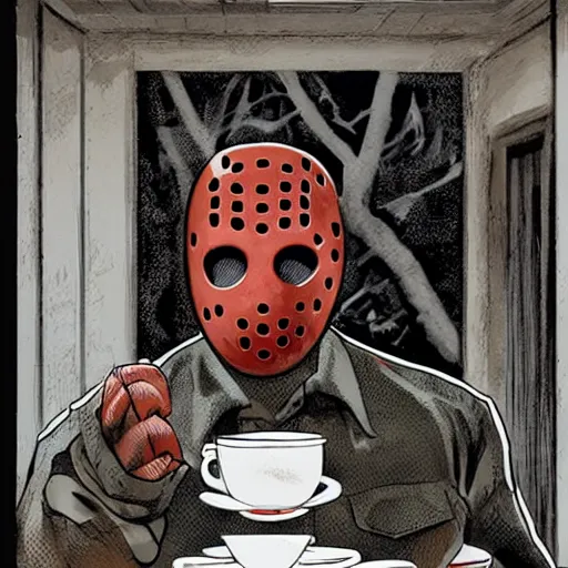 Image similar to photograph of jason voorhees having a coffee at an european caffé