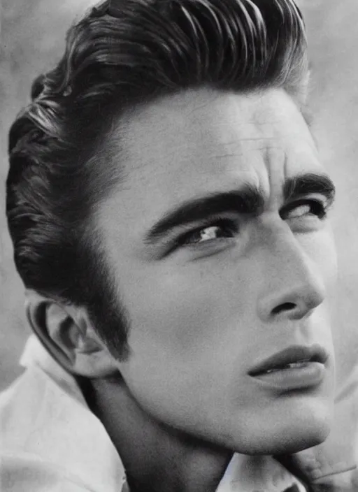 Prompt: genetic combination of james dean and ted cassidy, prominent cheekbones, deep dimples, strong jaw, striking details, handsome, beautiful, attractive, charming