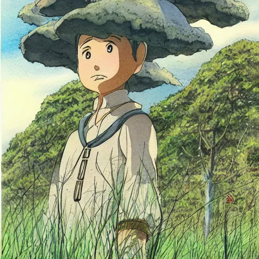 Prompt: castle in the sky hayao miyazaki stands in a small clearing among trees, sun, grass, watercolor illustration for a book