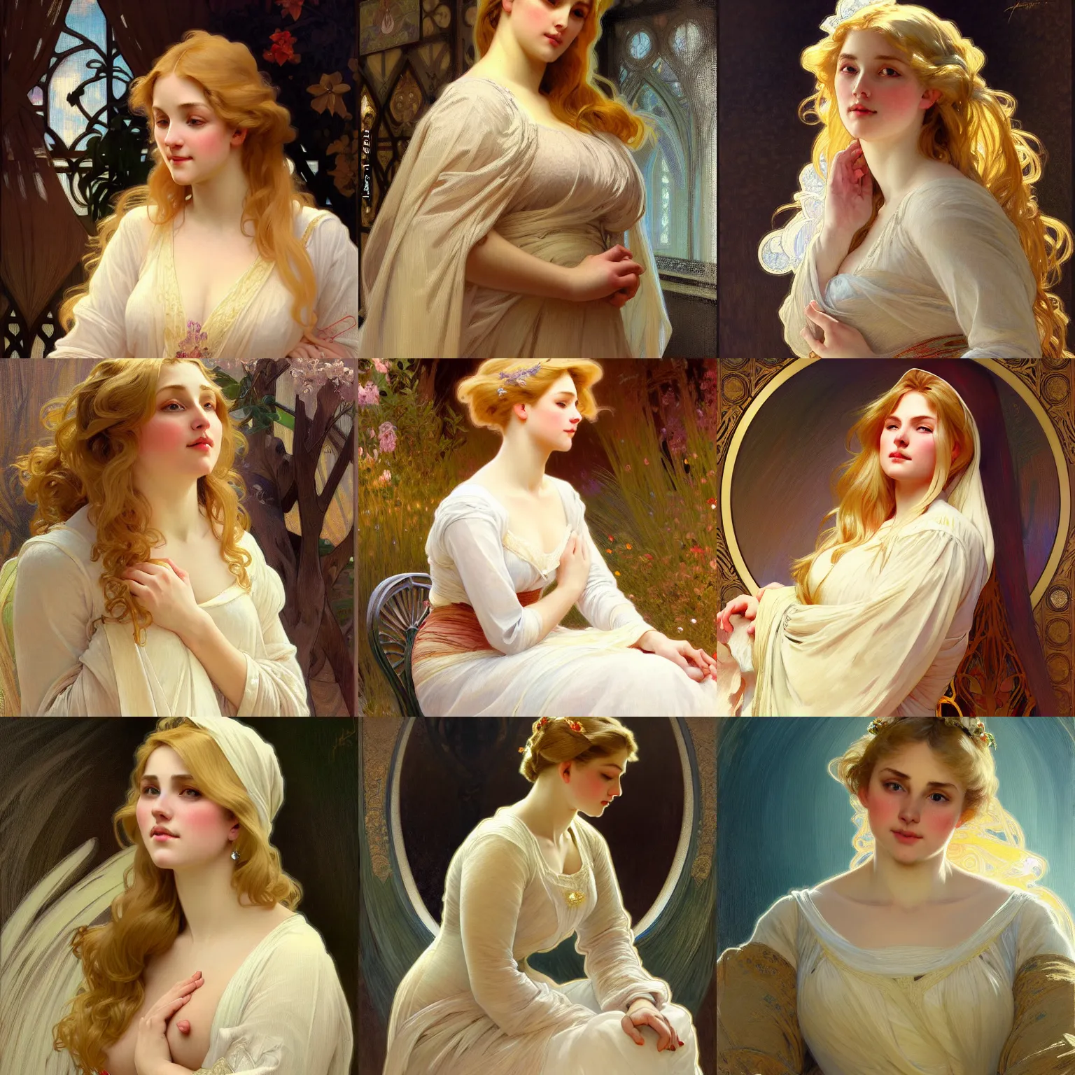 Prompt: painted portrait of a modest wife blessed by god with ever - increasing intelligence beauty and virtue. blonde, modest curvy holy body, light effect. feminine, powerful, in clothes! intricate, elegant, highly detailed, digital painting, artstation, concept art, smooth, sharp focus, illustration, art by gaston bussiere and alphonse mucha