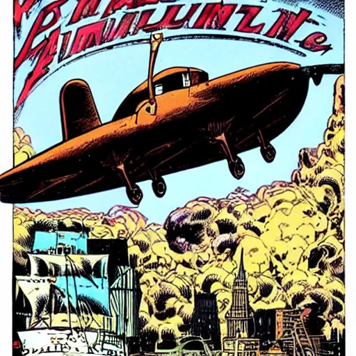 Image similar to steampunk flying air-ship conceot art, design art by Dave Gibbons, Jack Kirby, Will Eisner