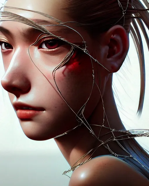 Image similar to concerning closeup portrait of a beautiful carefree girl covered in sharp metal wire, by katsuhiro otomo, yoshitaka amano, nico tanigawa, artgerm, greg rutkowski makoto shinkai takashi takeuchi rendered with intense 3 d effect reflective shadowing, cinematic lighting, hyperrealistic illustration uhd 8 k