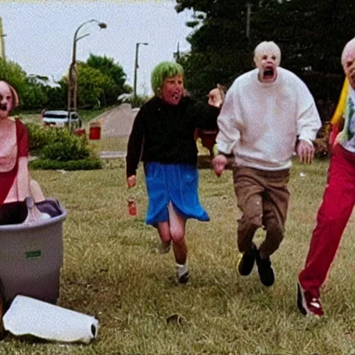 Prompt: found vhs still of trash humpers going crazy