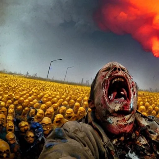 Prompt: selfie of a ukrainian screaming in pain and terrible injuries from a nuclear explosion, everything is on fire and radiation, in the background there are a lot of people like zombies, corpses and skeletons, a large nuclear explosion in the background, people are painted in yellow - blue cheers, all dirty with severed limbs, bad day