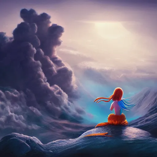 Prompt: a mermaid talking to a little girl on the top of a volcano and dense clouds above, ultrarealistic, soft light, symmetrical face, trending on artstation