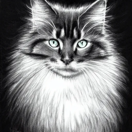 Image similar to long - haired siberian cat, illustration, charcoal, coulson, peter