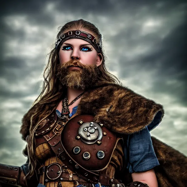 Prompt: dieselpunk viking, 4 k, hdr, smooth, sharp focus, high resolution, award - winning photo, anne stokes, photorealistic