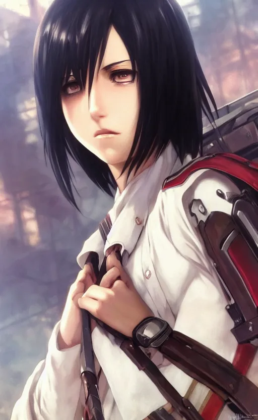 Image similar to mikasa ackerman, hero pose, medium shot, bokeh, beautiful face!!!!, 2 7 years old, cg animation, lifelike, animated, realistic, character select portrait, by artgerm, greg rutkowski, alphonse mucha, 3 d