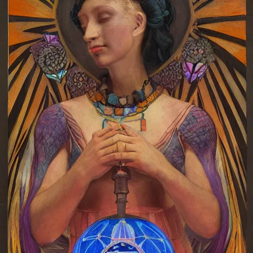 Prompt: queen of the dawn with her lantern, by Annie Swynnerton and Nicholas Roerich and Diego Rivera, bioluminescent skin, feather tattoos, elaborate costume, geometric ornament, symbolist, soft colors, smooth, sharp focus, extremely detailed
