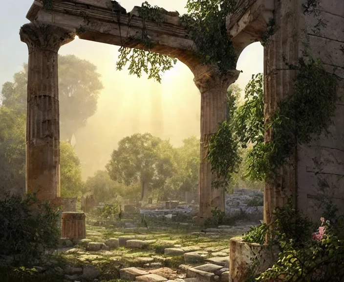 Prompt: a tree growing in ancient greek ruins, gray wasteland, many scrap cars, trash, rubble, overgrown, pillars and arches, flowers, vines, hyperrealistic, highly detailed, cinematic, ray of golden sunlight shining on the tree, beautiful, cgssociety, artstation, 8 k, oil painting by greg rutkowski, by artgerm, by wlop