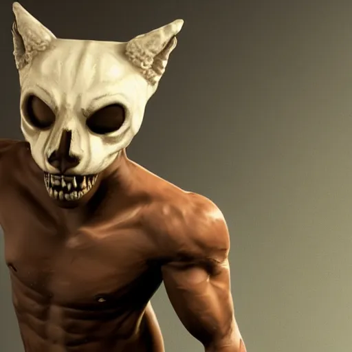 Image similar to highly detailed render of a man wearing a skull fox mask, full body, two arms two legs, vray render, unreal engine, highly detailed faces, thin body,