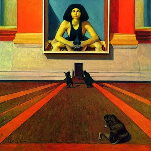 Image similar to a sphinx in mumbai, hyperrealistic painting by edward hopper, by gottfried helnwein, by klimt, by paolo uccello, art nouveau, highly detailed, strong lights, liminal, eerie, metaphysical, bright pastel colors,