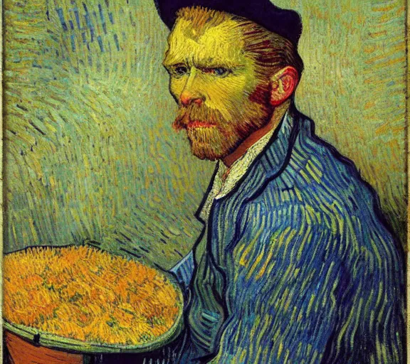 Image similar to portrait of tom odell as a market vendor by vincent van gogh