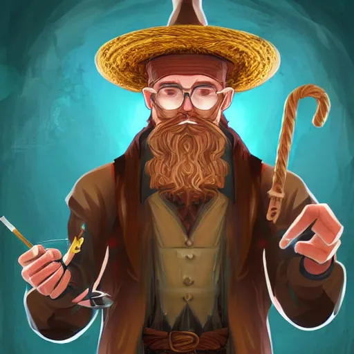 Image similar to man_mage Character art of a D&D wizard doing magic in his laboratory, with a blond beard and curly hair and a wide-brimmed straw hat, concept art, digital art