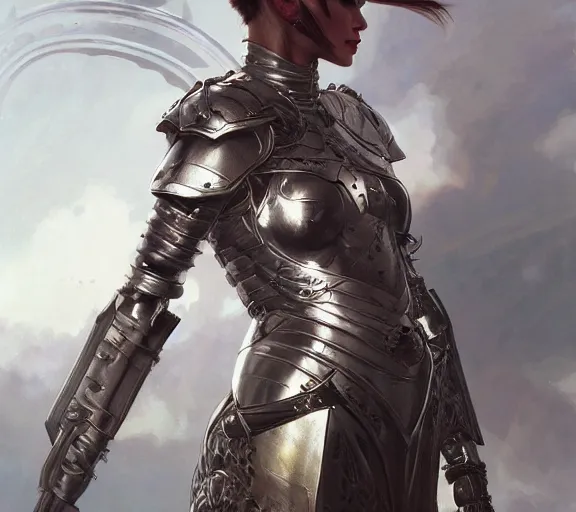 Prompt: photography girl warrior armour, chrome, deep focus, intricate, elegant, highly detailed, digital painting, artstation, concept art, matte, sharp focus, illustration, art by artgerm and greg rutkowski and alphonse mucha and gil elvgren